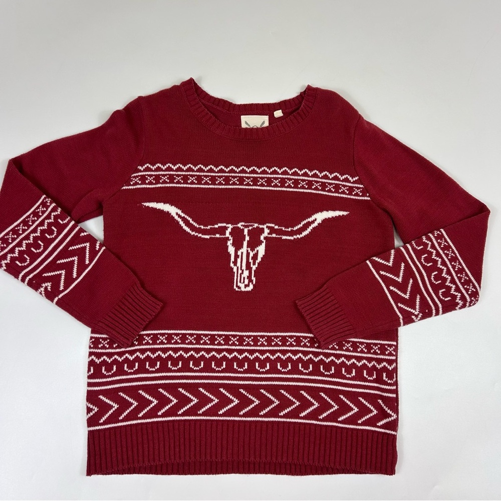 Cotton & Rye Outfitters Womens Small Longhorn Sweater Red Western Knit Boho